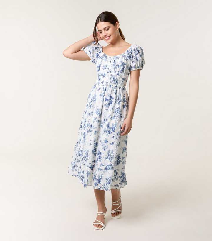 new look puff sleeve midi dress Off White Floral Print Puff Sleeve Midi Dress
