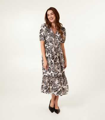Black Vanilla Black Leaf Print Button Midi Dress