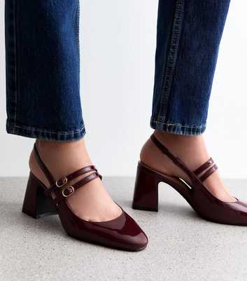 Burgundy Patent Faux Leather Block Heel Mary Jane Shoes