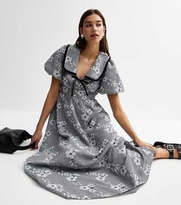 Black Floral Embroidered Gingham Midi Dress