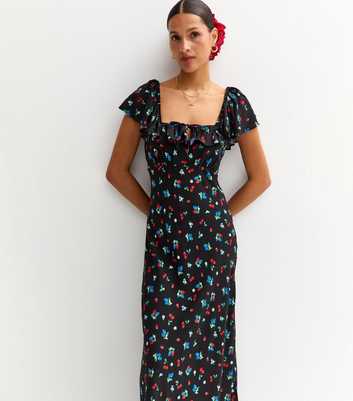 Black Fruit and Floral Print Square Neck Midi Dress