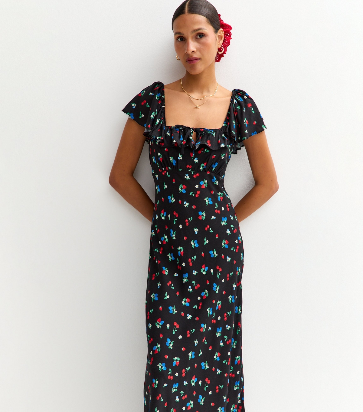 Women's Black Fruit and Floral Print Square Neck Midi Dress New Look