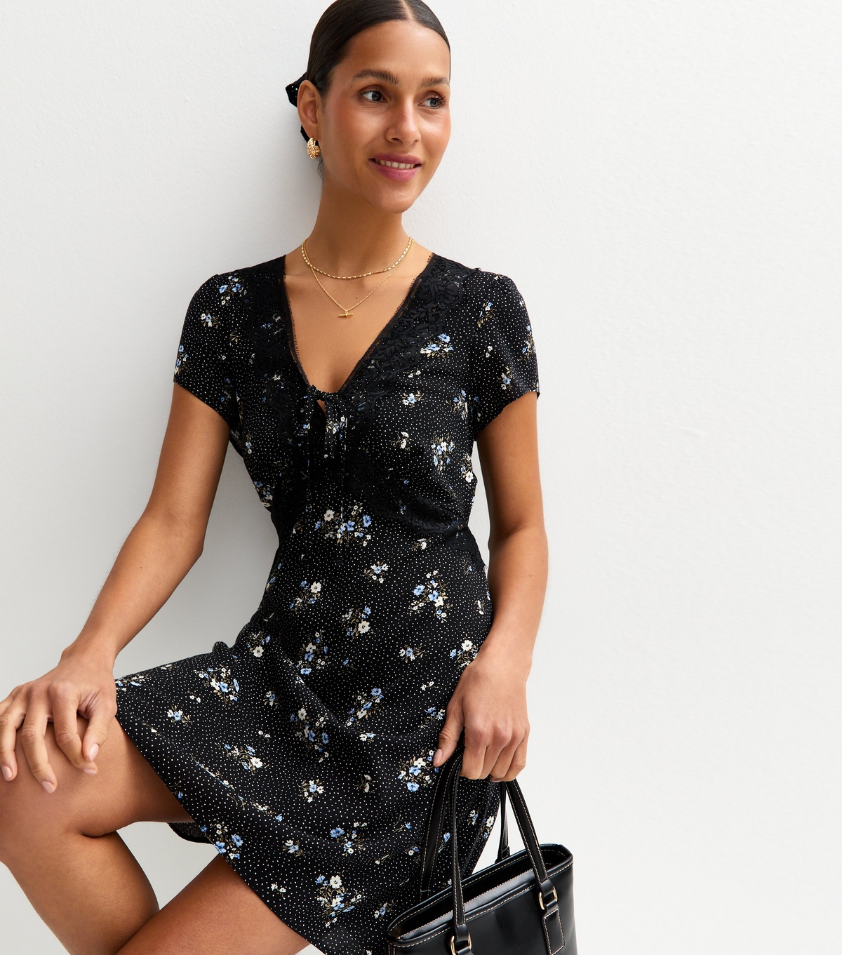 Women's Black Floral Print Polka Dot Lace Trim Mini Dress New Look