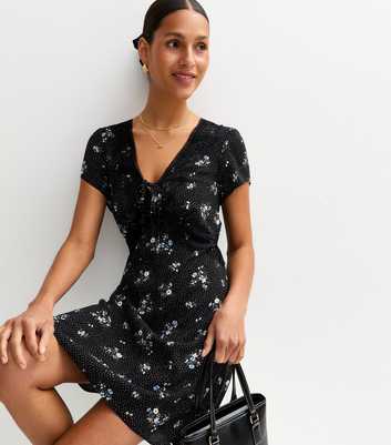 Black Floral Print Polka Dot Lace Trim Mini Dress