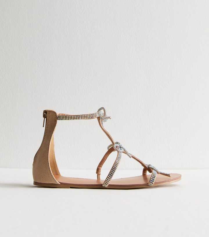 Beige Diamanté Strap Flat Sandals