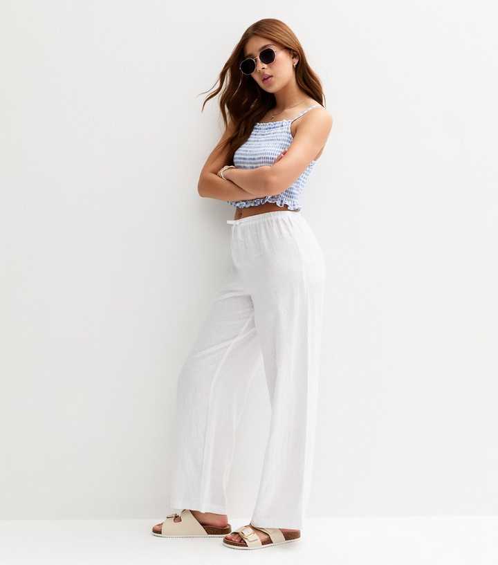 Girls White Linen Blend Wide Leg Trousers