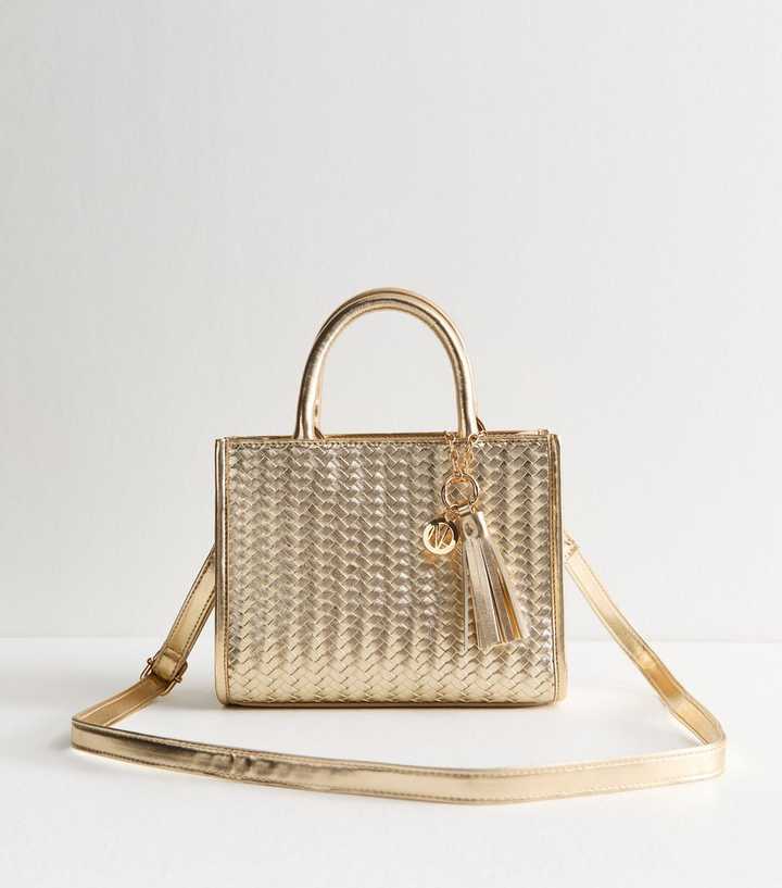 Gold Metallic Woven-Look Mini Tote Bag