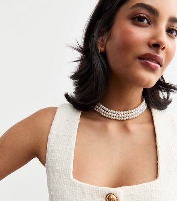 Cream Three-Row Faux Pearl Choker Necklace | New Look
