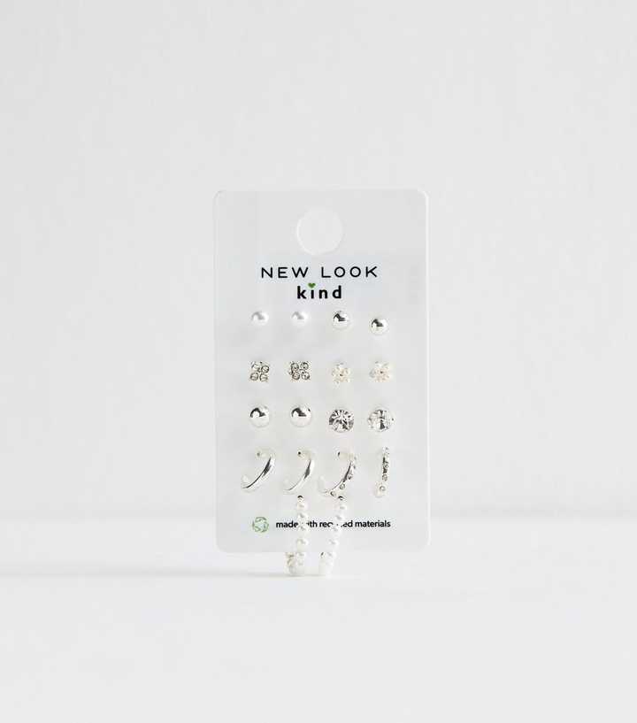 Silver Tone Pack of 9 Faux Pearl Diamant?� Stud Hoop Earrings