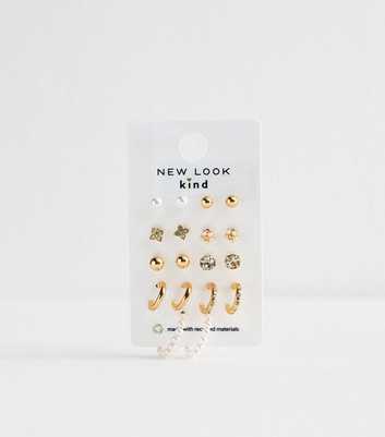 Gold Tone Pack of 9 Faux Pearl Diamanté Stud Hoop Earrings