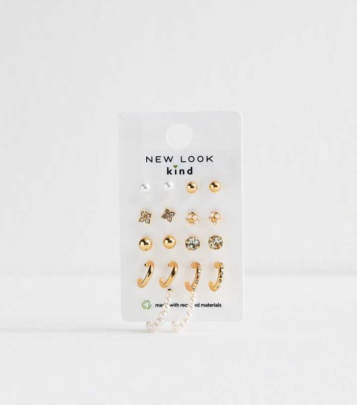 Gold Tone Pack of 9 Faux Pearl Diamant?� Stud Hoop Earrings