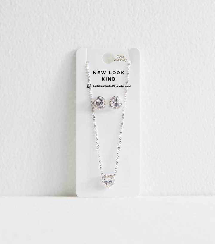 Silver Tone Cubic Zirconia Encrusted Heart Stud Necklace and Earrings Set