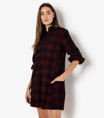 Apricot Red Distressed Check Shirt Dress New Look