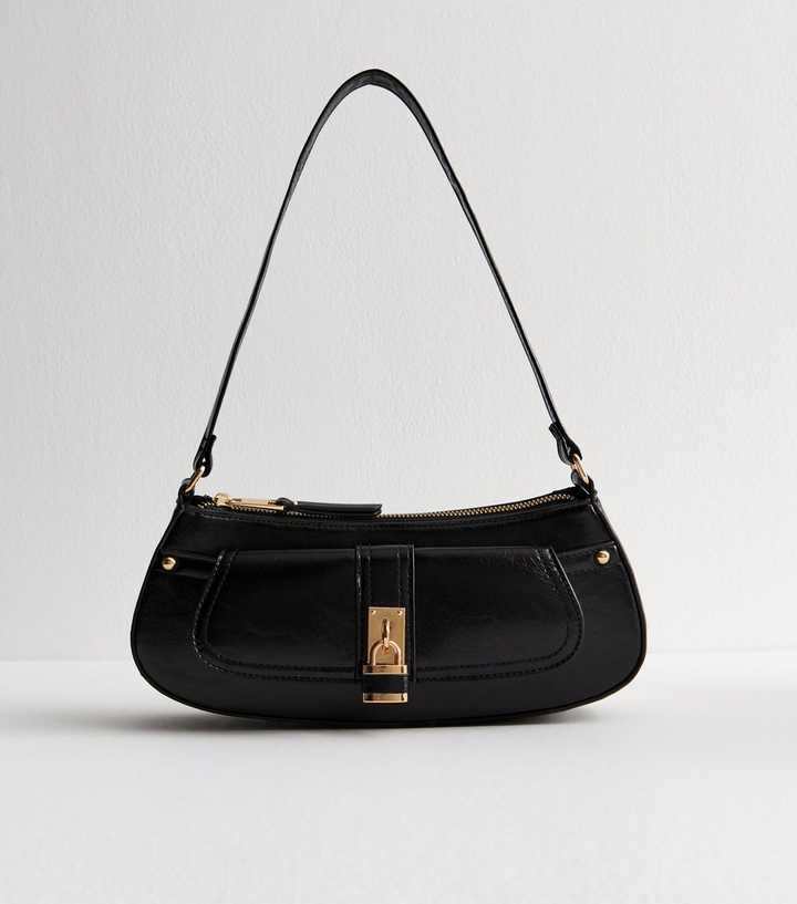 Black Patent Faux Leather Padlock Detail Mini Shoulder Bag