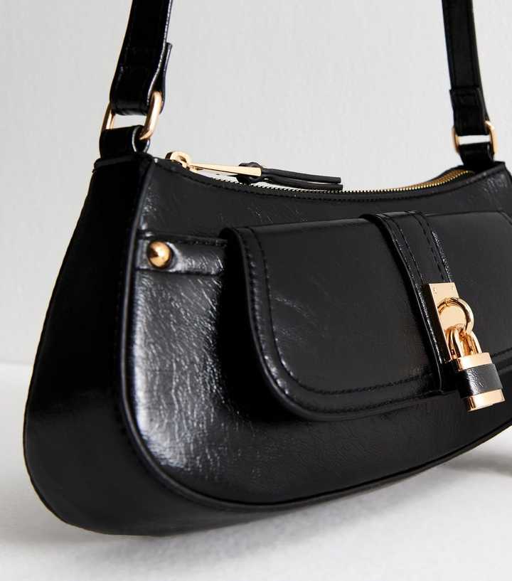 Black Patent Faux Leather Padlock Detail Mini Shoulder Bag | New Look