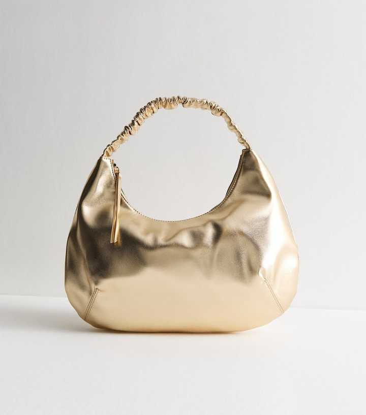 Gold Faux Leather Ruched Strap Scoop Shoulder Bag