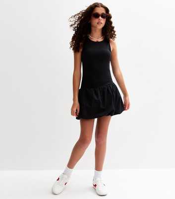 Girls Black Puff Ball Racerback Ribbed Mini Dress
