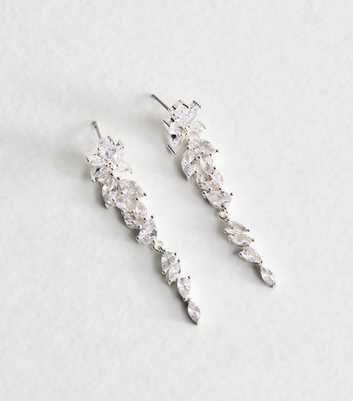 Silver Tone Cubic Zirconia Leaf Tassel Drop Earrings