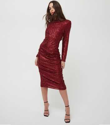 WKNDGIRL Burgundy Sequinned Ruched Midi Dress