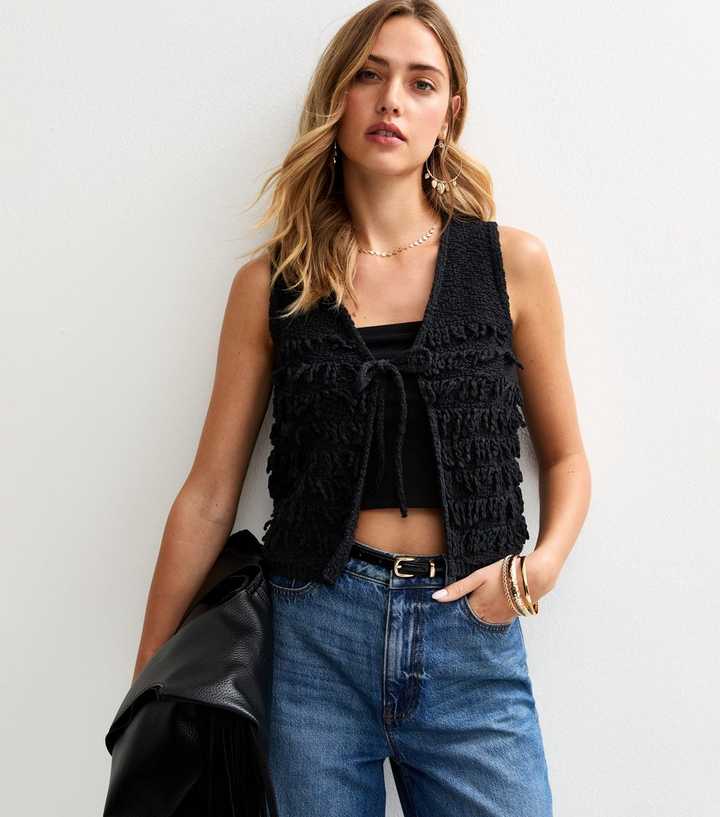 Black Fringed Tie Front Sleeveless Cardigan