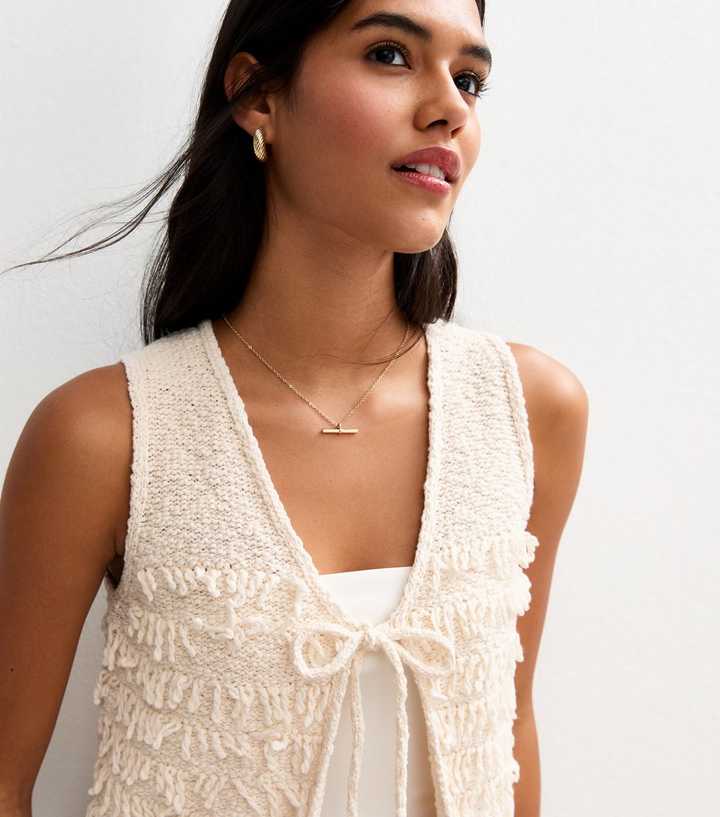 Cream Fringed Tie Front Sleeveless Cardigan