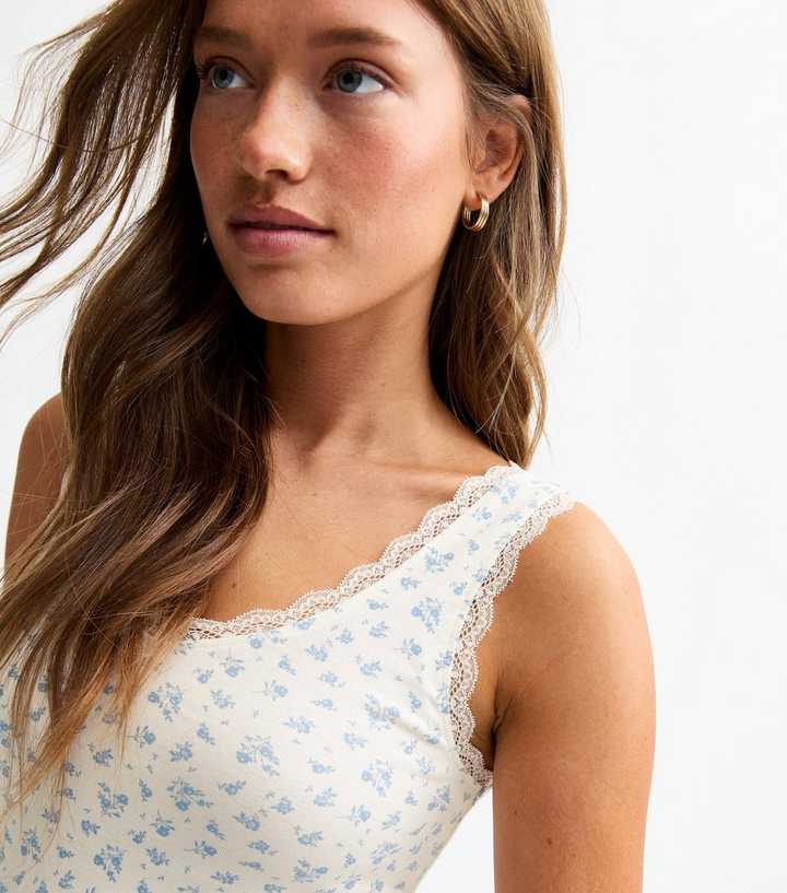 White Floral Print Lace Trimmed Vest