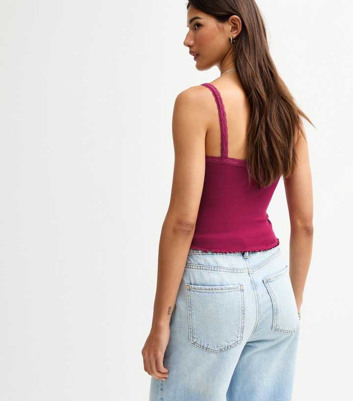 Burgundy Lace Trim Strappy Cami Top