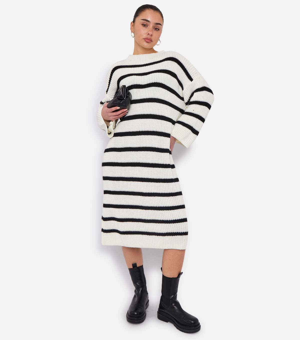 Women's White Rib Knitted Striped Midi Dress Gini London New Look