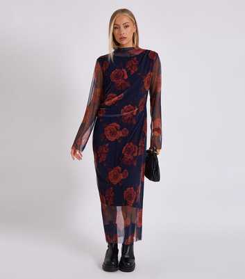 Gini London Navy Rose Print Mesh Midi Dress