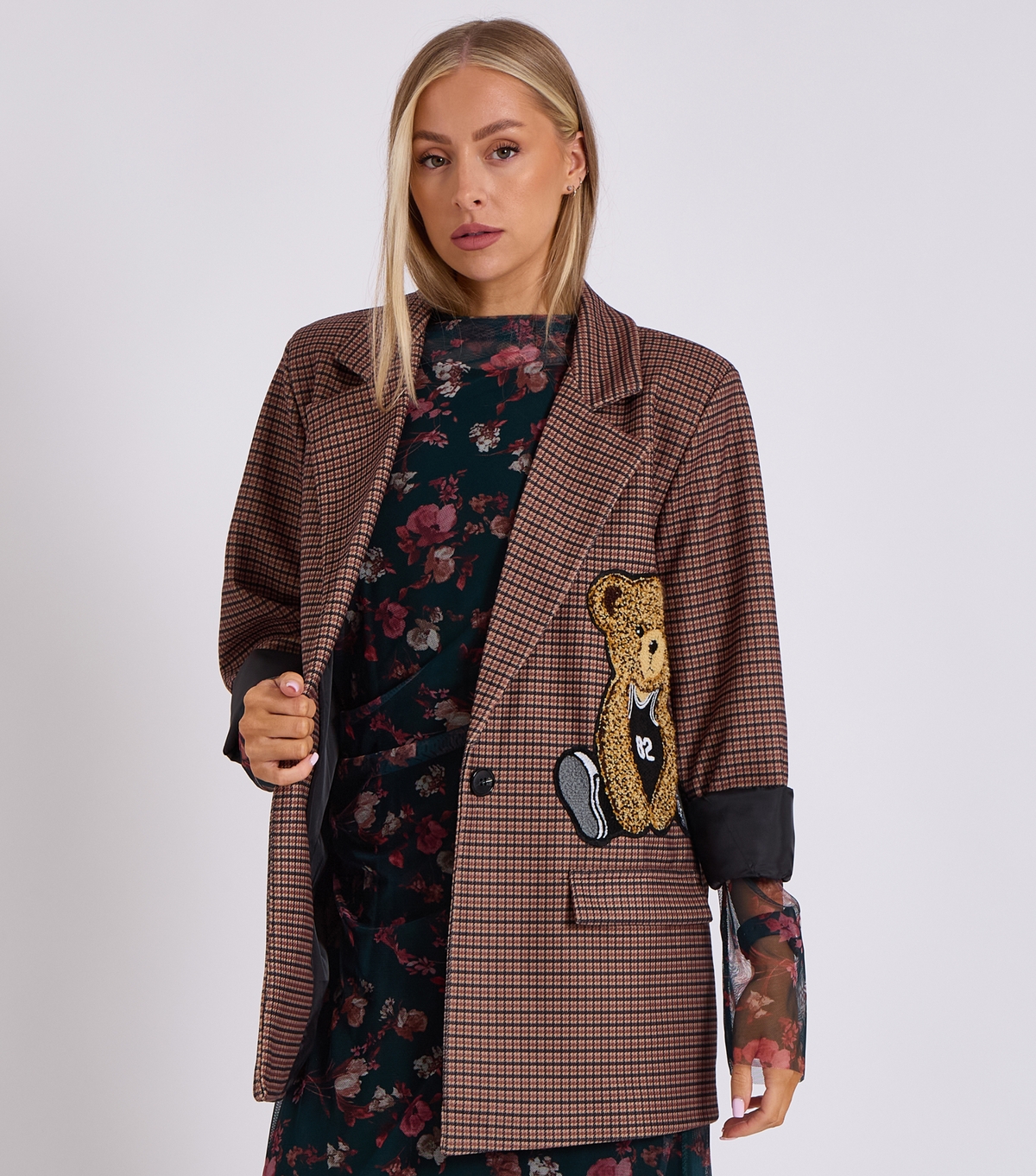 Women's Brown Oversized Check Teddy Embroidered Blazer Gini London New Look