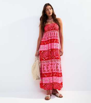 Red Striped Shell Print Bandeau Maxi Dress