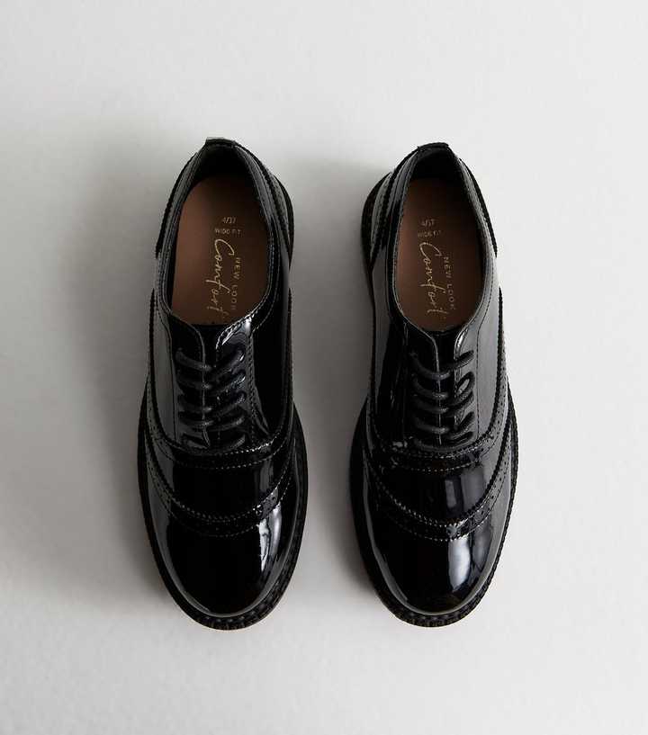Wide Fit Black Faux Patent Brogues