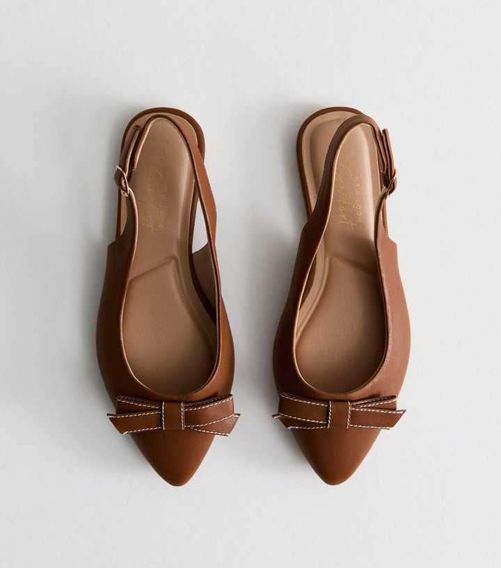 Wide Fit Tan Faux Leather Bow Front Slingback Flats