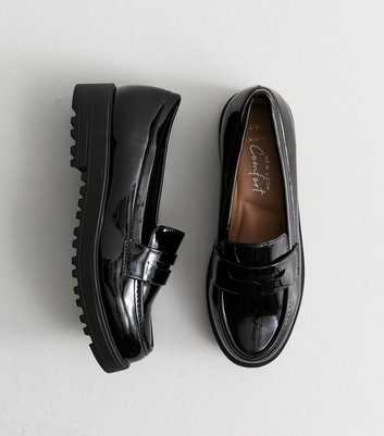 Wide Fit Black Patent Faux Leather Chunky Penny Loafers