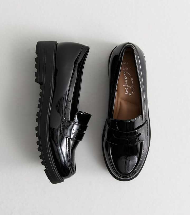 Wide Fit Black Patent Faux Leather Chunky Penny Loafers