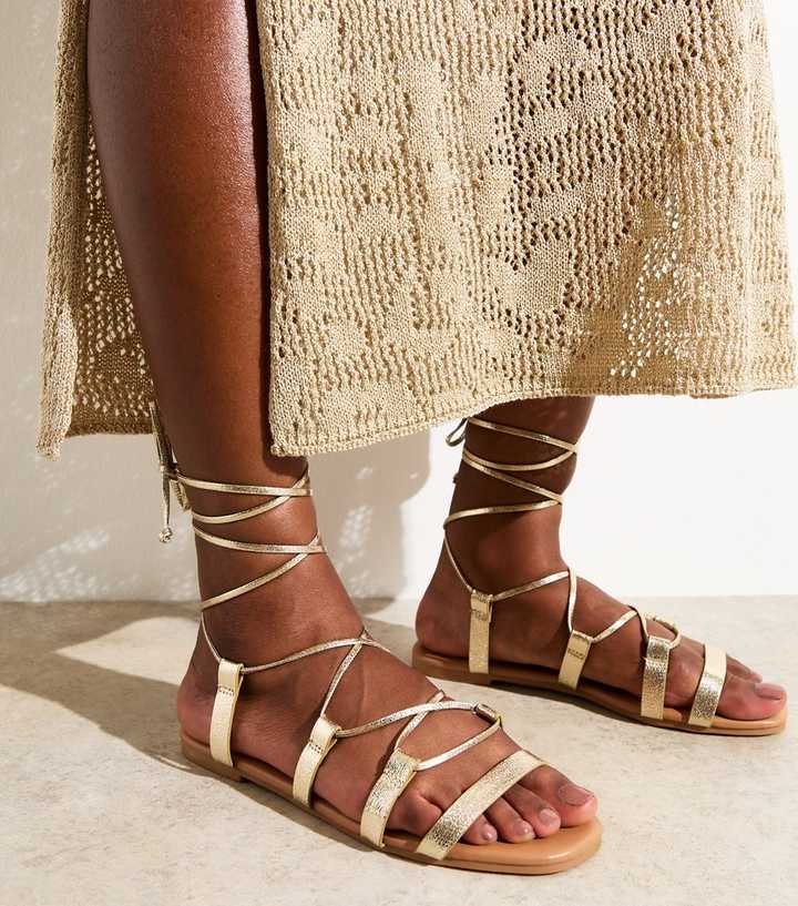Gold Faux Leather Lace Up Sandals