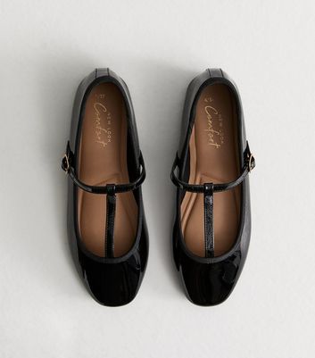 Black Patent Faux Leather T Bar Mary Jane Flats New Look