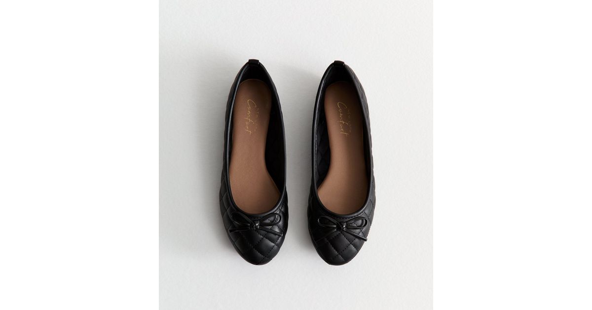 Black Quilted Faux Leather Ballet Flats | New Look