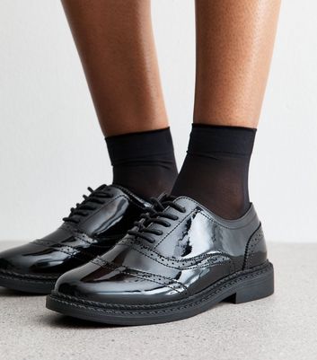 Black Faux Leather Patent-Look Brogues New Look