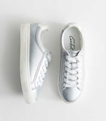 Silver Faux Leather Contrast Heel Tab Trainers
