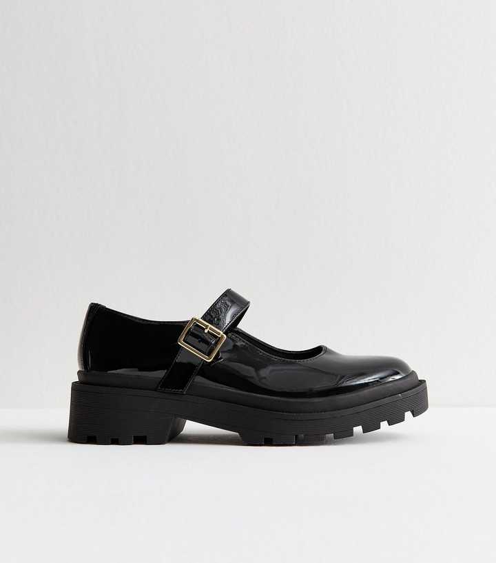 Black Patent Faux Leather Chunky Mary Jane Shoes