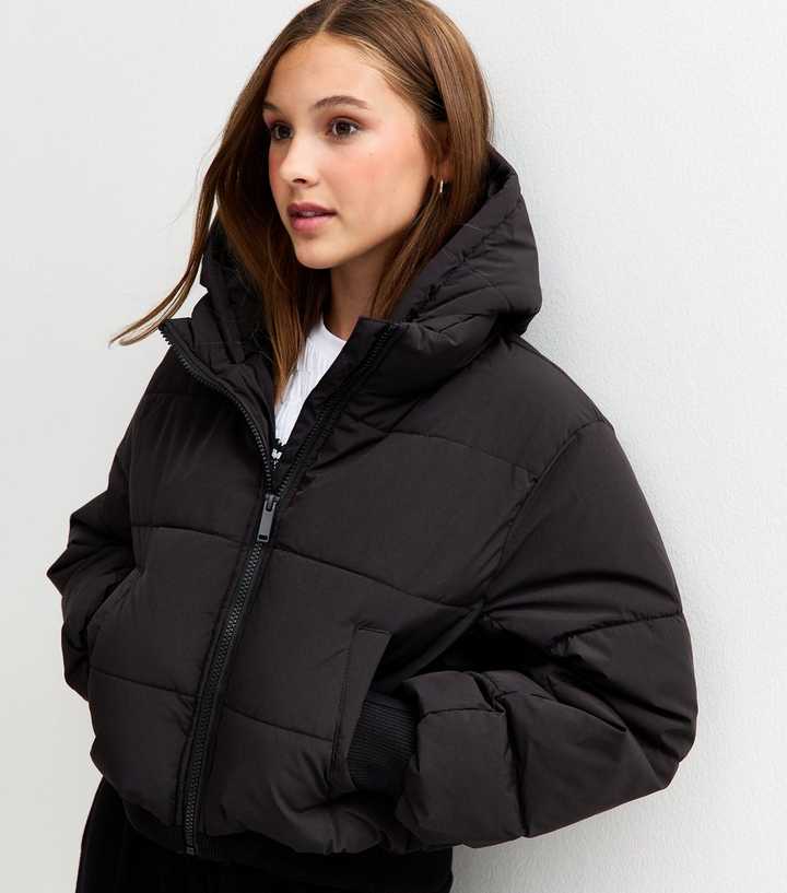 Girls Black Short Oversized Padded School Jacket