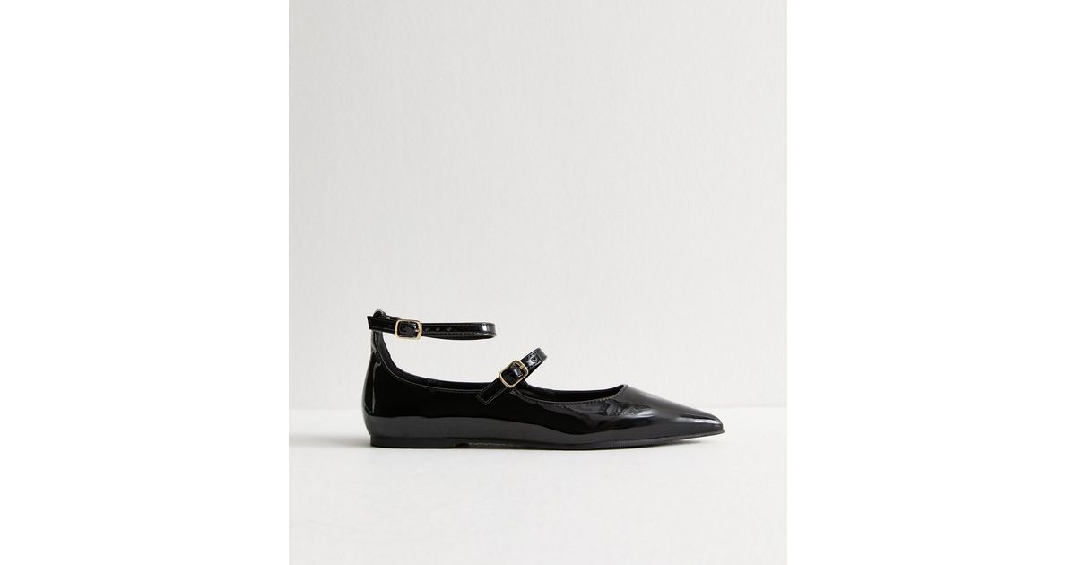 Black Patent Faux Leather Strappy Ballet Flats | New Look
