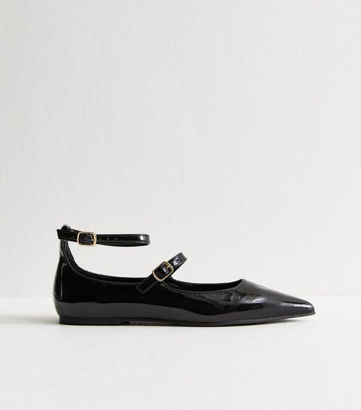 Black Patent Faux Leather Strappy Ballet Flats