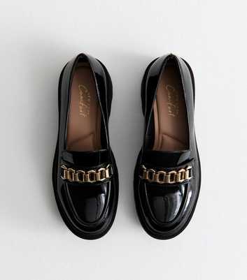 Black Faux Patent Chain Trim Loafers