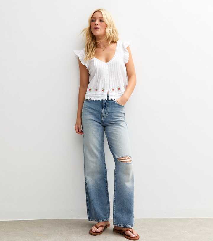 Blue High Waist Ripped Knee Adalae Wide Leg Jeans