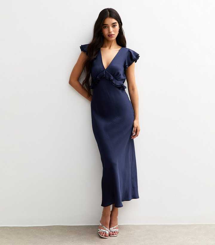Navy Ruffled Satin V-Neck Midi Dress