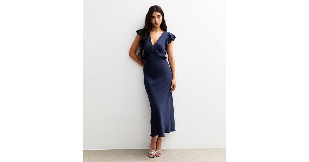 new look ruffle sleeve satin midi dress Light Green Satin Ruffled Midi Dress