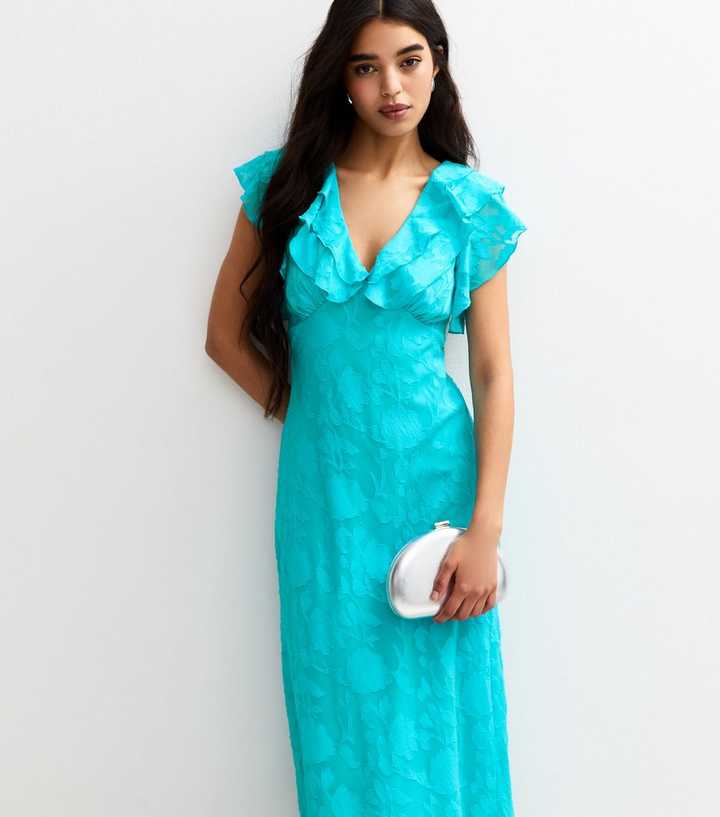 Turquoise Devore Ruffled Midi Dress
