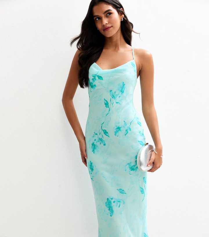 Blue floral Print Chiffon Strappy Midi Dress
